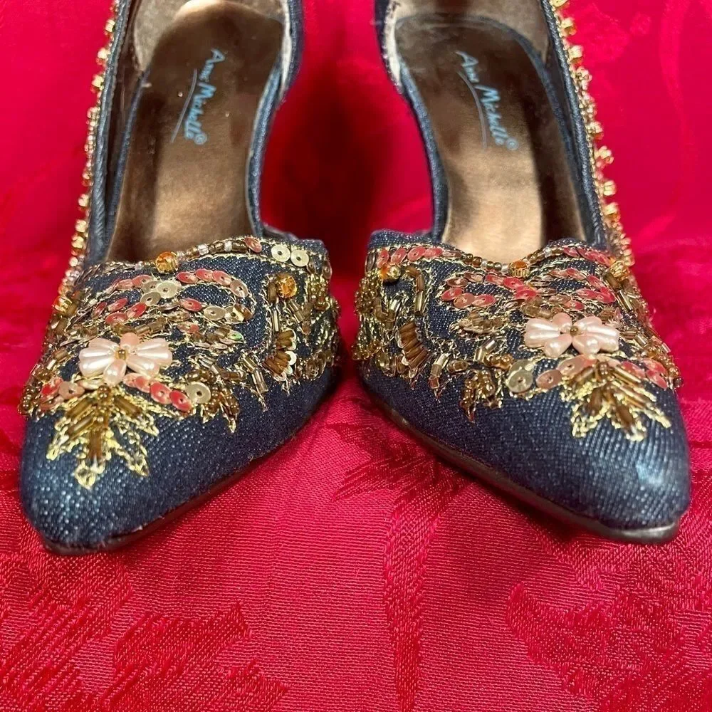 DENIM ANNE MICHELLE BEADED STACKED HEEL SIZE 6.5